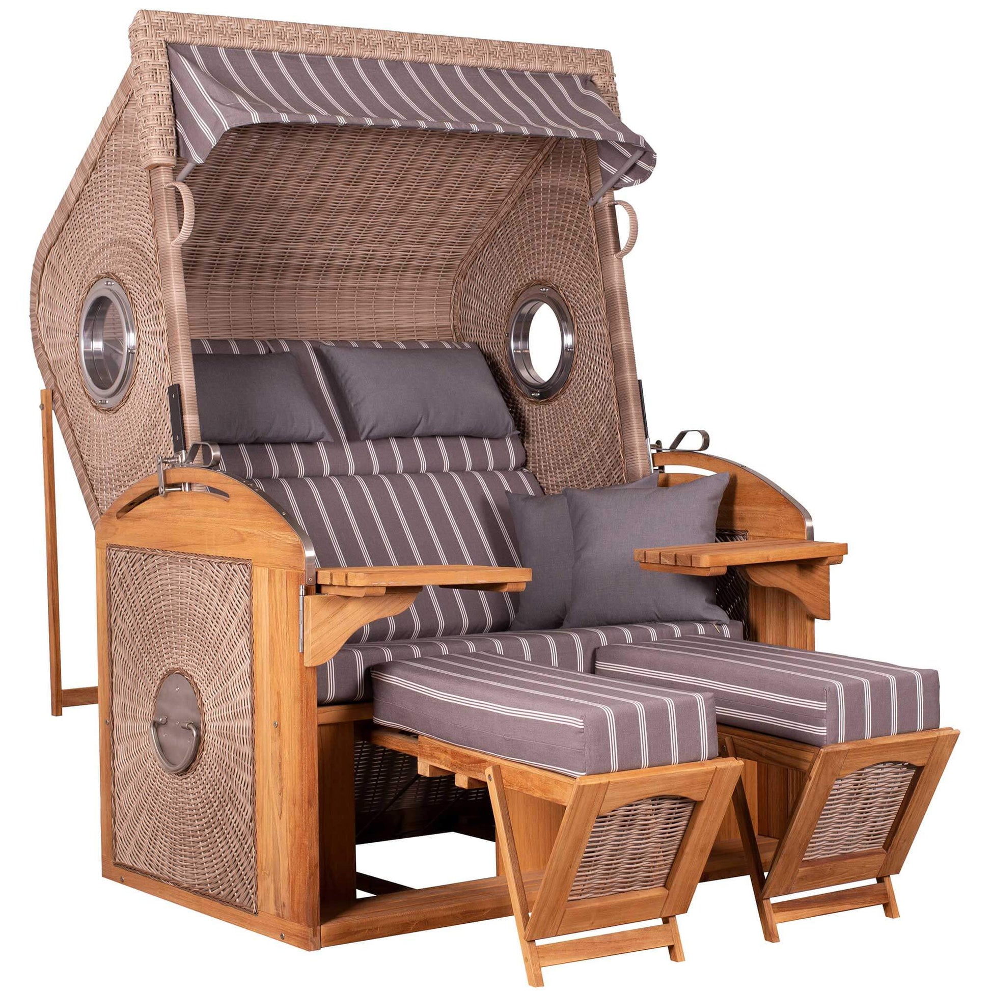 Strandkorb deVries Sailor PURE Teak XL PE white kubu Dessin 235 mit Bullaugen und verstellbarer Liegefunktion