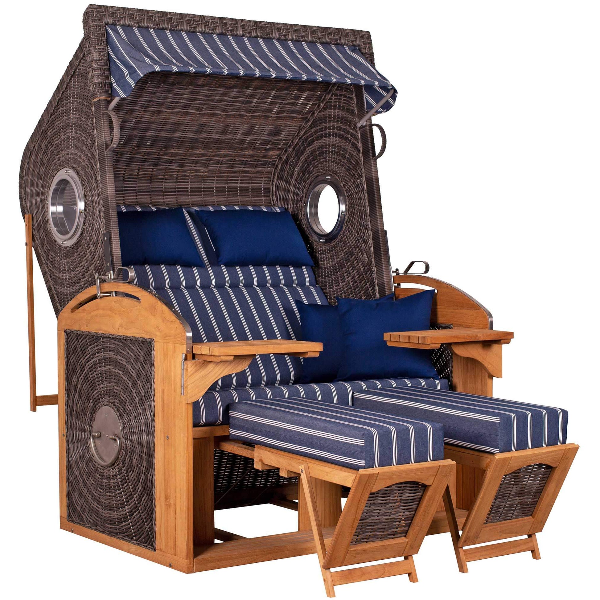 Strandkorb deVries Sailor PURE Teak XL PE stone-grey Dessin 236 mit Bullaugen und Fußstützen, zweisitzig