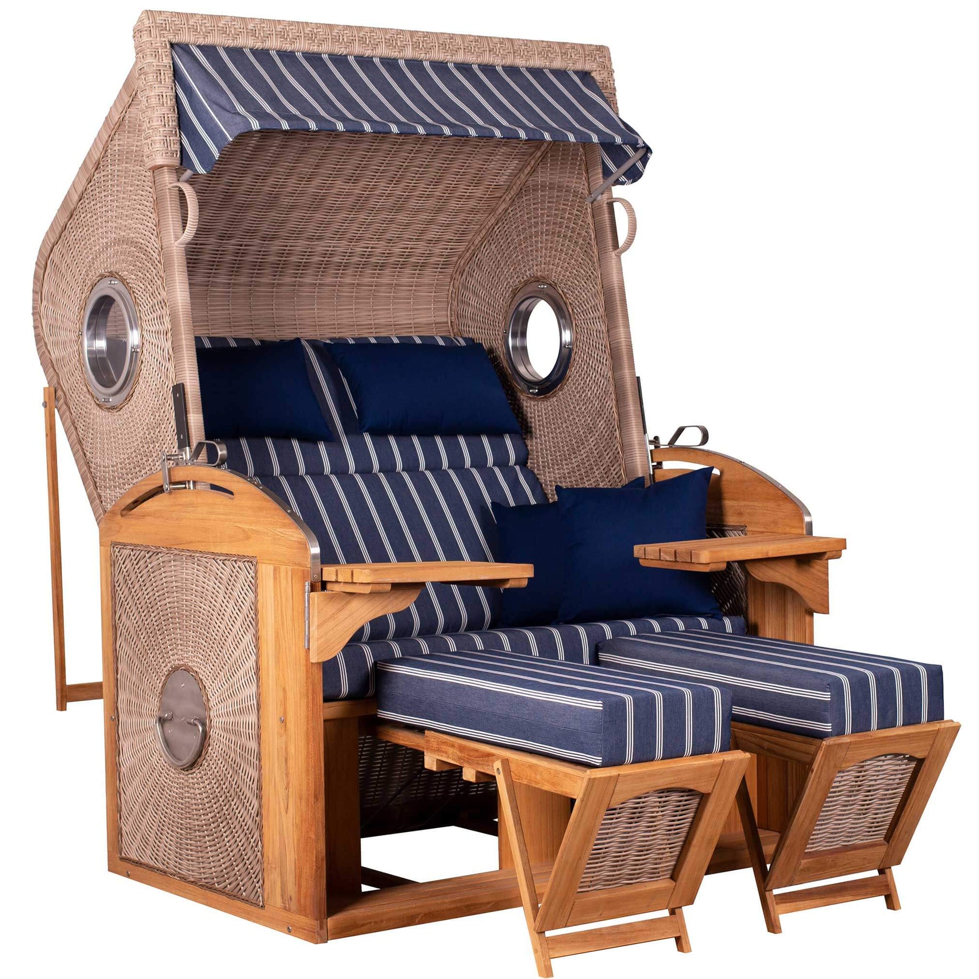 Strandkorb deVries Sailor PURE Teak XL PE white kubu Dessin 236 mit Bullaugen und blau gestreiften Auflagen