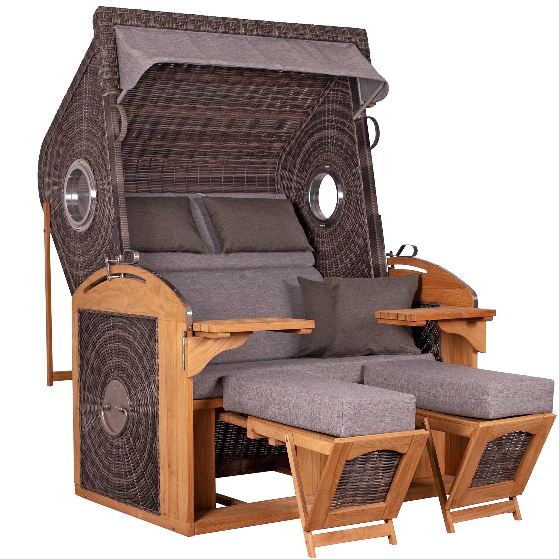 Strandkorb deVries Sailor PURE Teak XL PE stone-grey Dessin 466 mit Bullaugen und Fußstützen, zweisitziger Luxus-Strandkorb