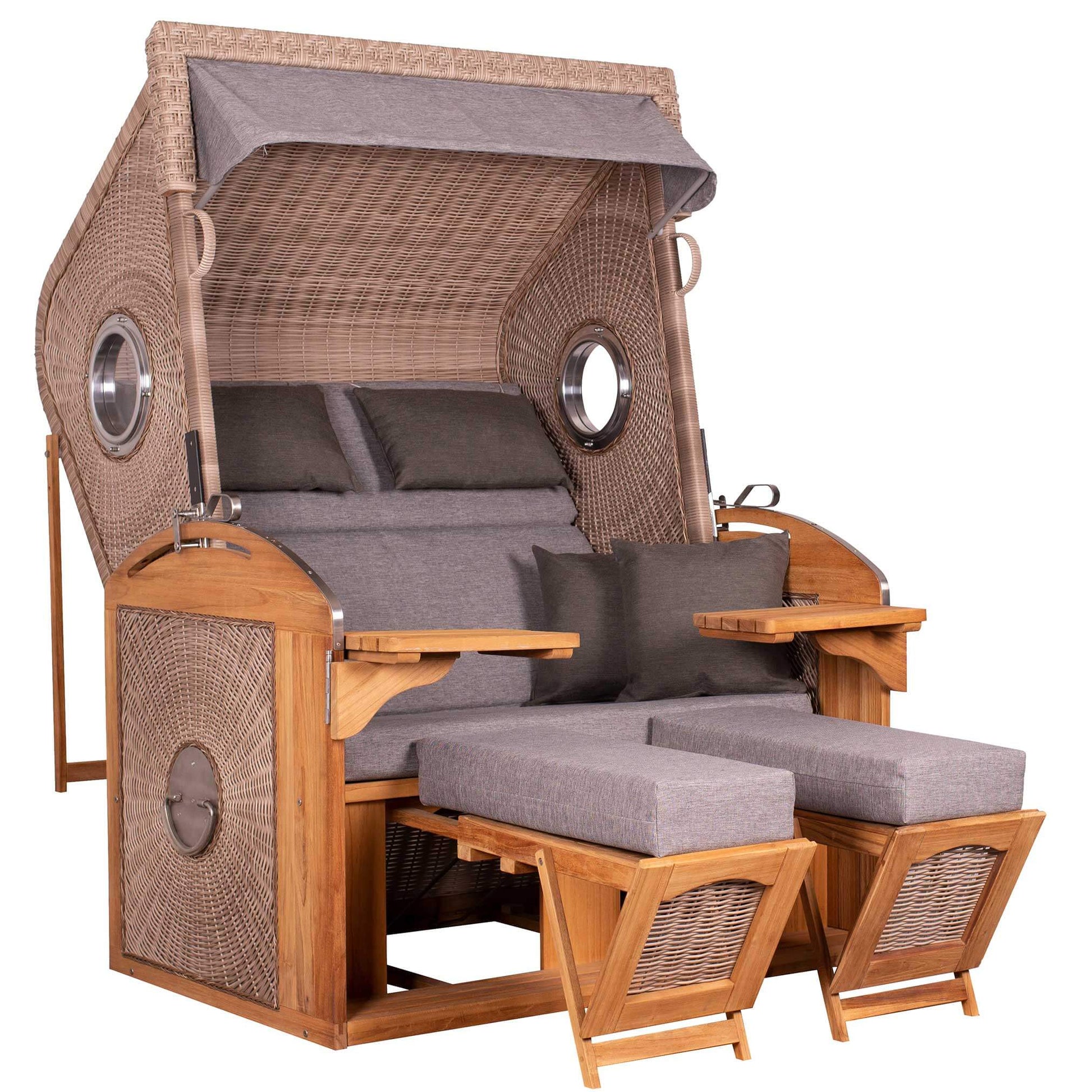 Strandkorb deVries Sailor PURE Teak XL PE white kubu Dessin 466 mit Bullaugen und Fußstützen