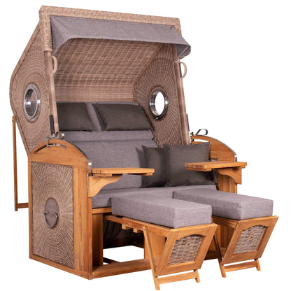 Strandkorb deVries Sailor PURE Teak XL PE white kubu Dessin 466 mit Bullaugen und Fußstützen