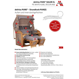 Strandkorb deVries Sailor PURE Teak XL PE white kubu Dessin 466 mit Bullaugen und Fußstützen auf Produktdatenblatt