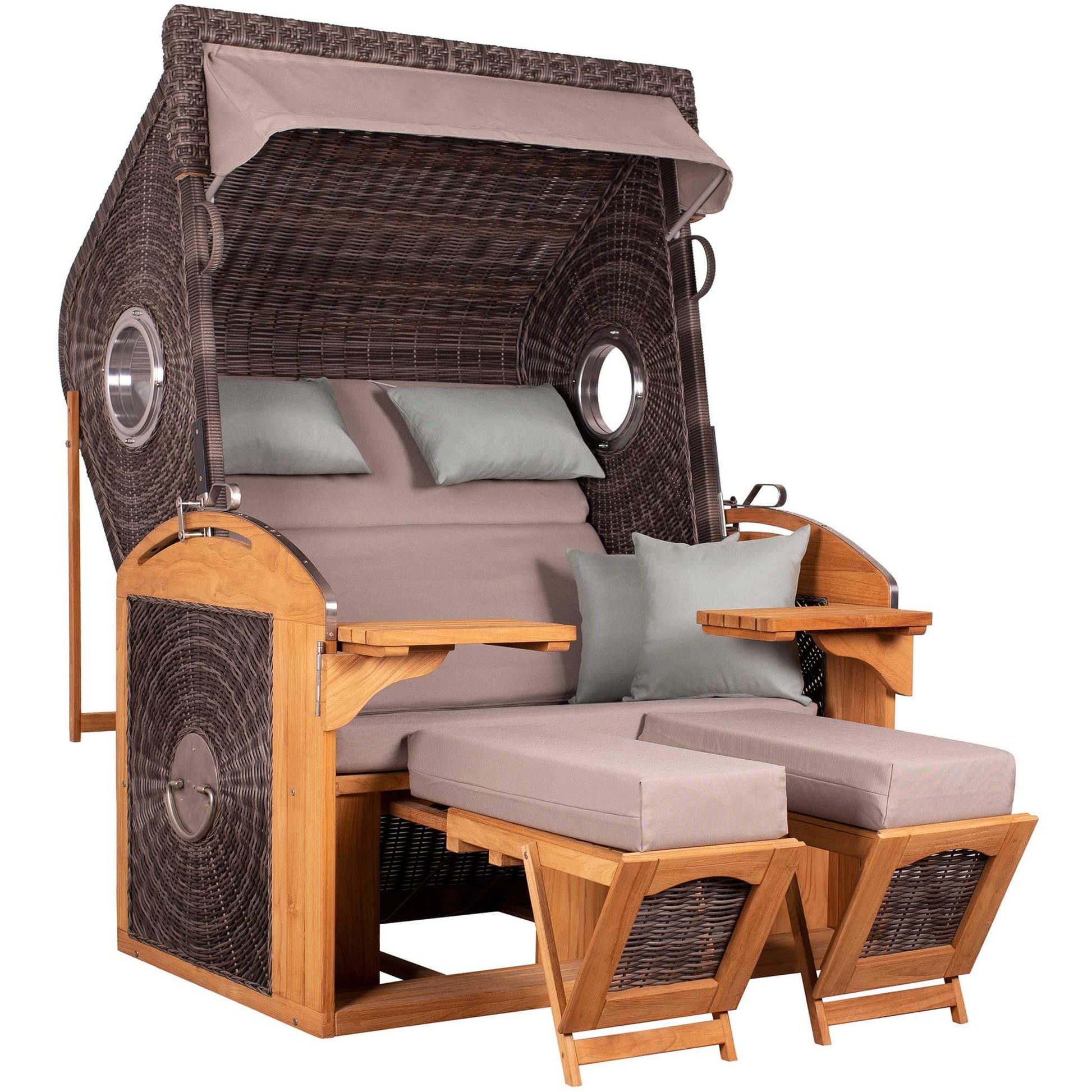 Strandkorb deVries Sailor PURE Teak XL PE stone-grey Dessin 483 mit Bullaugen, verstellbarer Liegefunktion und Fußstützen