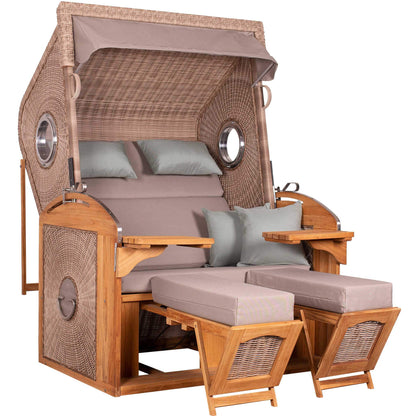 Strandkorb deVries Sailor PURE Teak XL PE white kubu Dessin 483 mit Bullaugen und Fußstützen aus Teakholz