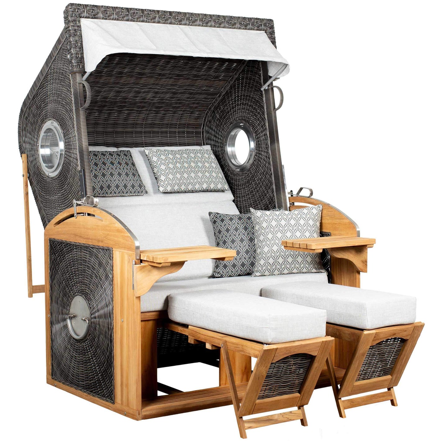 Strandkorb deVries Sailor PURE Teak XL PE stone-grey Dessin 507 mit Bullaugen und Fußstützen, luxuriöser Strandkorb für Terrasse