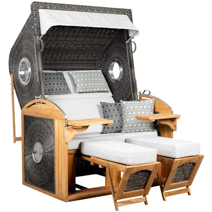 Strandkorb deVries Sailor PURE Teak XL PE stone-grey Dessin 507 mit Bullaugen und Fußstützen, luxuriöser Strandkorb für Terrasse