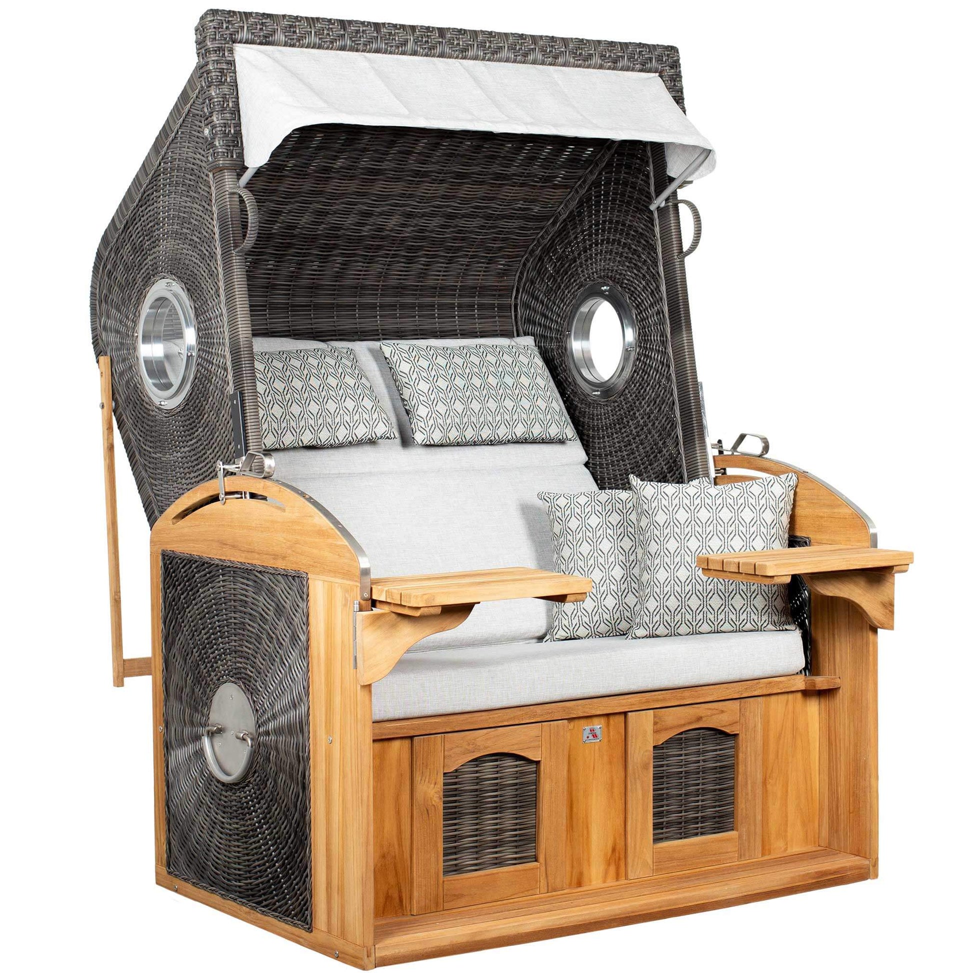 Strandkorb deVries Sailor PURE Teak XL PE stone-grey Dessin 507 mit Bullaugen und verstellbarer Liegefläche