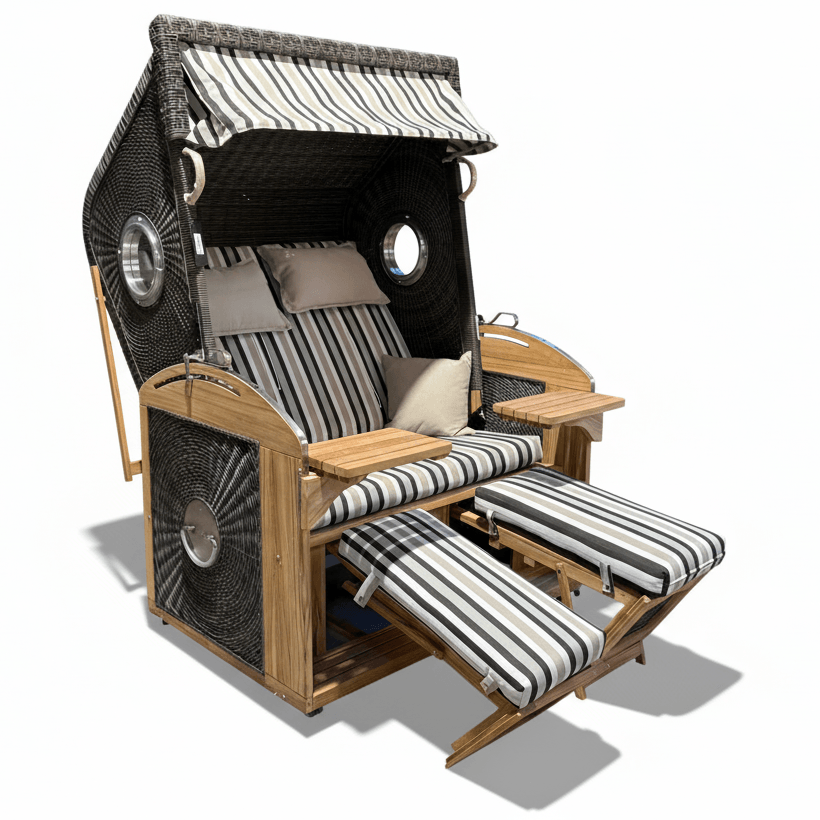 Strandkorb deVries PURE Sailor Teak stone grey mit verstellbaren Fußstützen und grau sand Streifenpolsterung