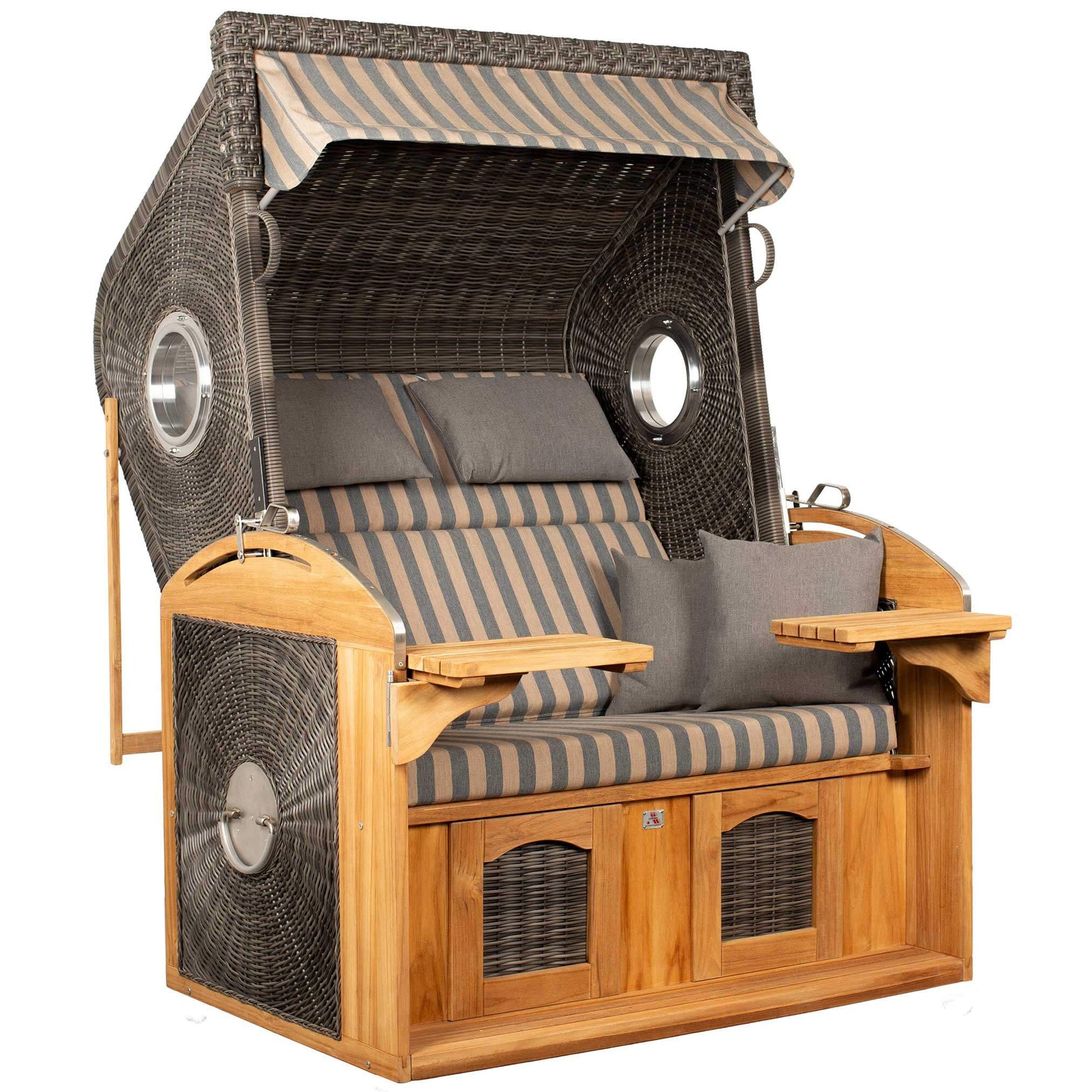 Strandkorb deVries Sailor PURE Teak XL PE stone-grey Dessin 248 mit Bullaugen und Komfortpolsterung