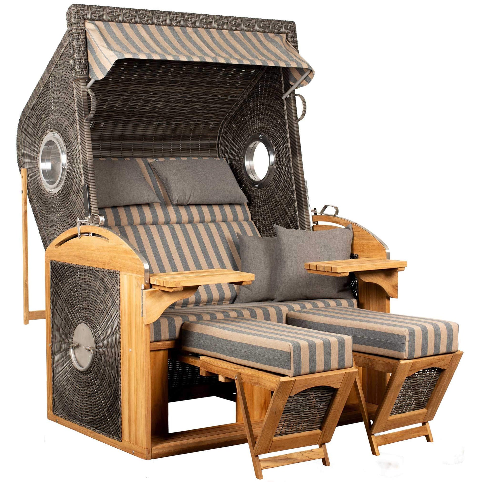 Strandkorb deVries Sailor PURE Teak XL PE stone-grey Dessin 248 mit Bullaugen und verstellbaren Fußstützen