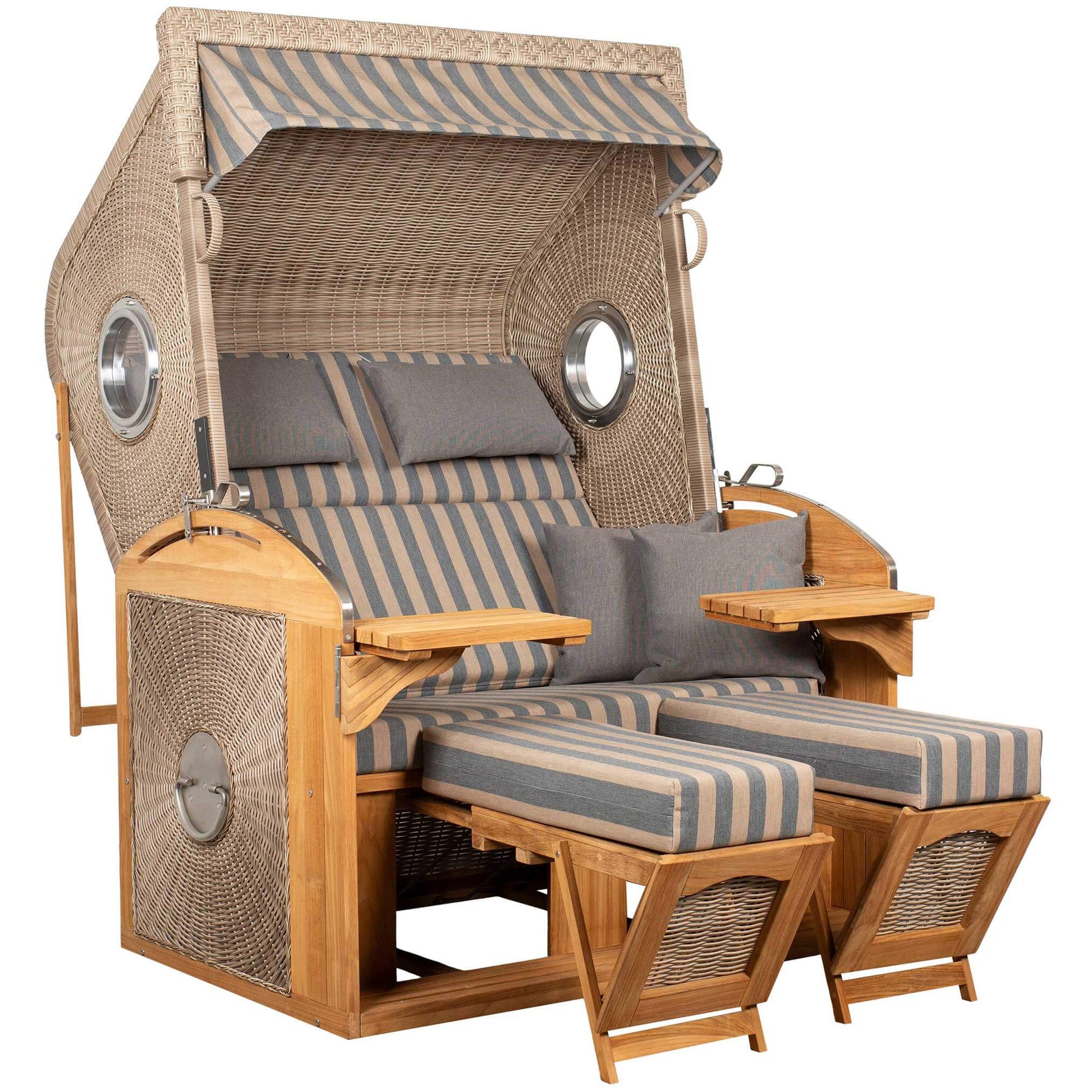 Strandkorb deVries Sailor PURE Teak XL PE white kubu Dessin 248 mit Bullaugen und verstellbaren Fußstützen