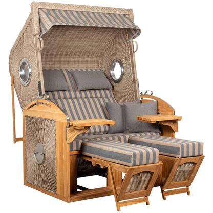 Strandkorb deVries Sailor PURE Teak XL PE white kubu Dessin 248 mit Bullaugen und verstellbaren Fußstützen