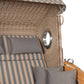 Strandkorb deVries Sailor PURE Teak XL white kubu mit Bullauge und grau-beige gestreifter Polsterung, Detailansicht rechter Seitenbereich