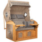 Strandkorb deVries Sailor PURE Teak XL PE white kubu Dessin 248 mit Bullaugen und Polsterung in Grau-Beige-Streifen