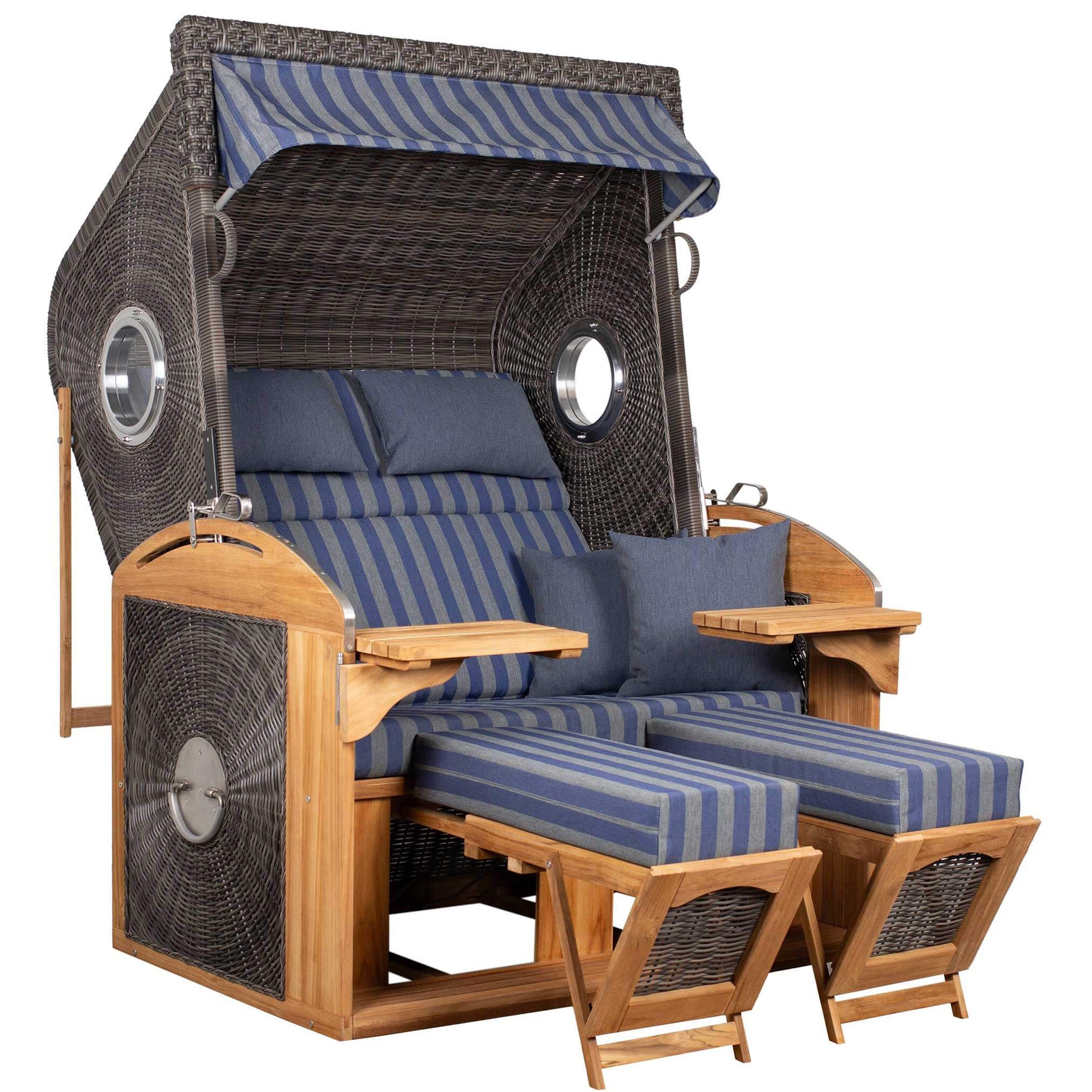 Strandkorb deVries Sailor PURE Teak XL PE stone-grey Dessin 249 mit Bullaugen und verstellbaren Fußstützen