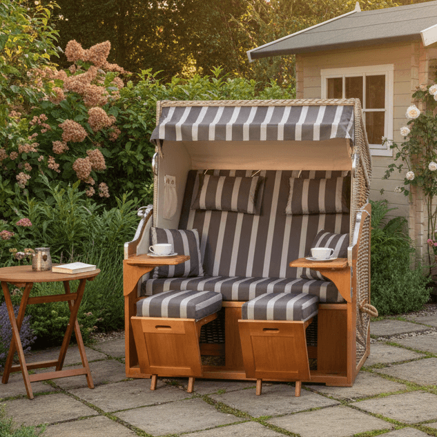 Strandkorb Schleswig Pinie Braun PE mokka Dessin 554 als Zweisitzer im Garten, gemütlicher Strandkorb Schleswig für Terrasse