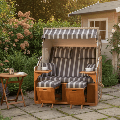 Strandkorb Schleswig Pinie Braun PE mokka Dessin 554 als Zweisitzer im Garten, gemütlicher Strandkorb Schleswig für Terrasse