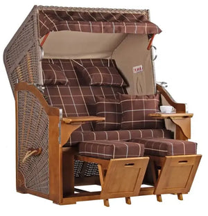 Strandkorb Schleswig Pinie Braun PE Mokka Dessin 556 mit zwei Sitzplätzen und modernen Komfortmerkmale.