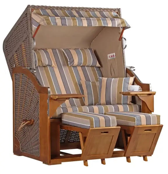 Strandkorb Schleswig Pinie Braun PE Mokka Dessin 557 Zweisitzer mit gestreiften Kissen und integriertem Sonnendach