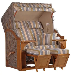 Strandkorb Schleswig Pinie Braun PE Mokka Dessin 557 Zweisitzer mit gestreiften Kissen und integriertem Sonnendach