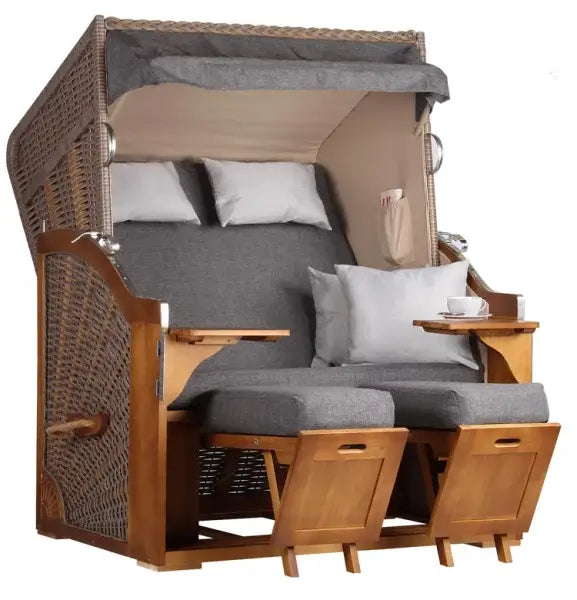 Strandkorb Schleswig Pinie Braun PE Mokka Dessin 558 - Zweisitzer Strandkorb mit bequemen Polstern und nostalgischer Eleganz