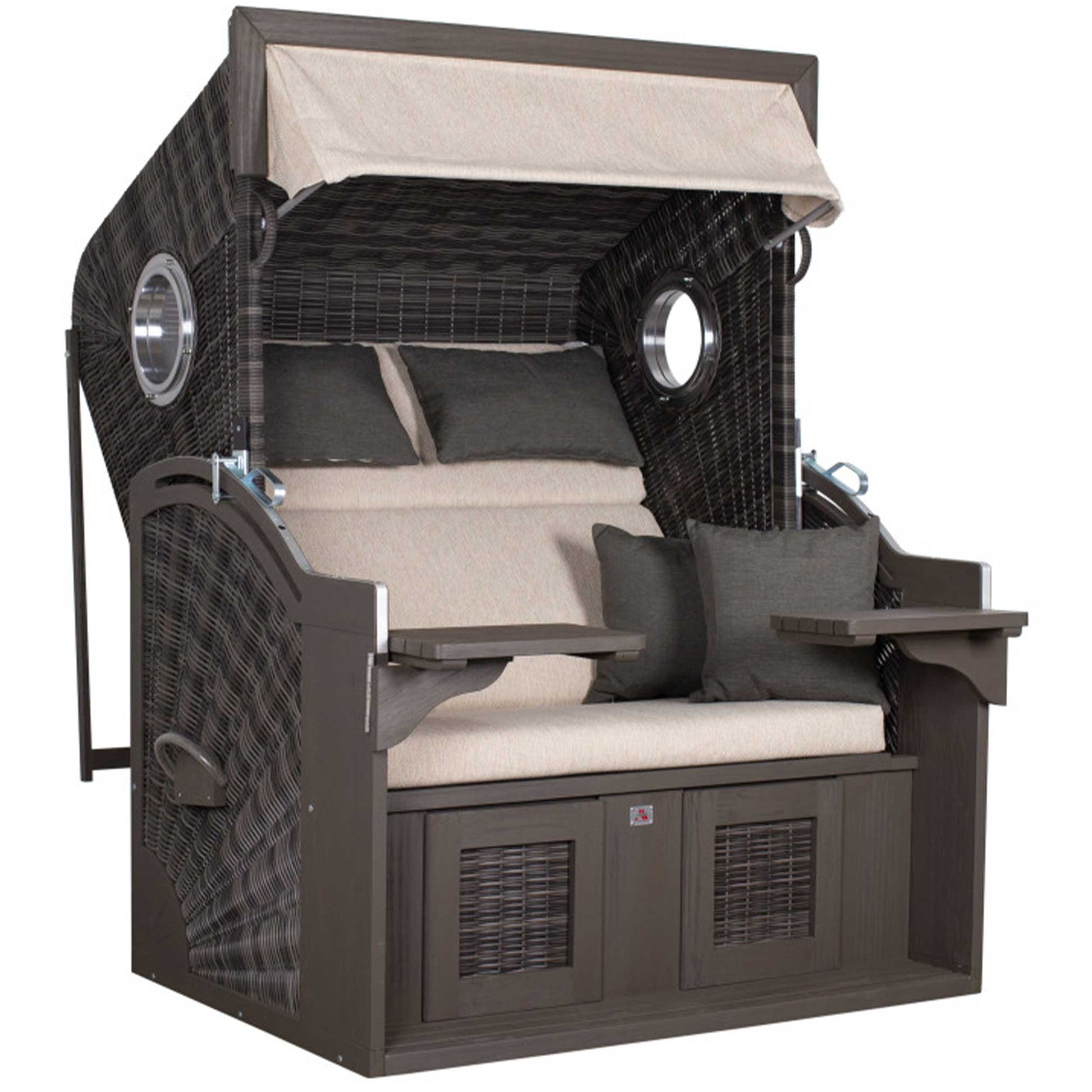 Strandkorb Trendy PURE Seaside XL Bullaugen PE stone grey Dessin 500 mit Polstern und Seitentischen für Garten oder Terrasse