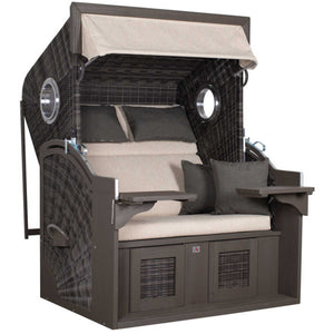 Strandkorb Trendy PURE Seaside XL Bullaugen PE stone grey Dessin 500 mit Polstern und Seitentischen für Garten oder Terrasse