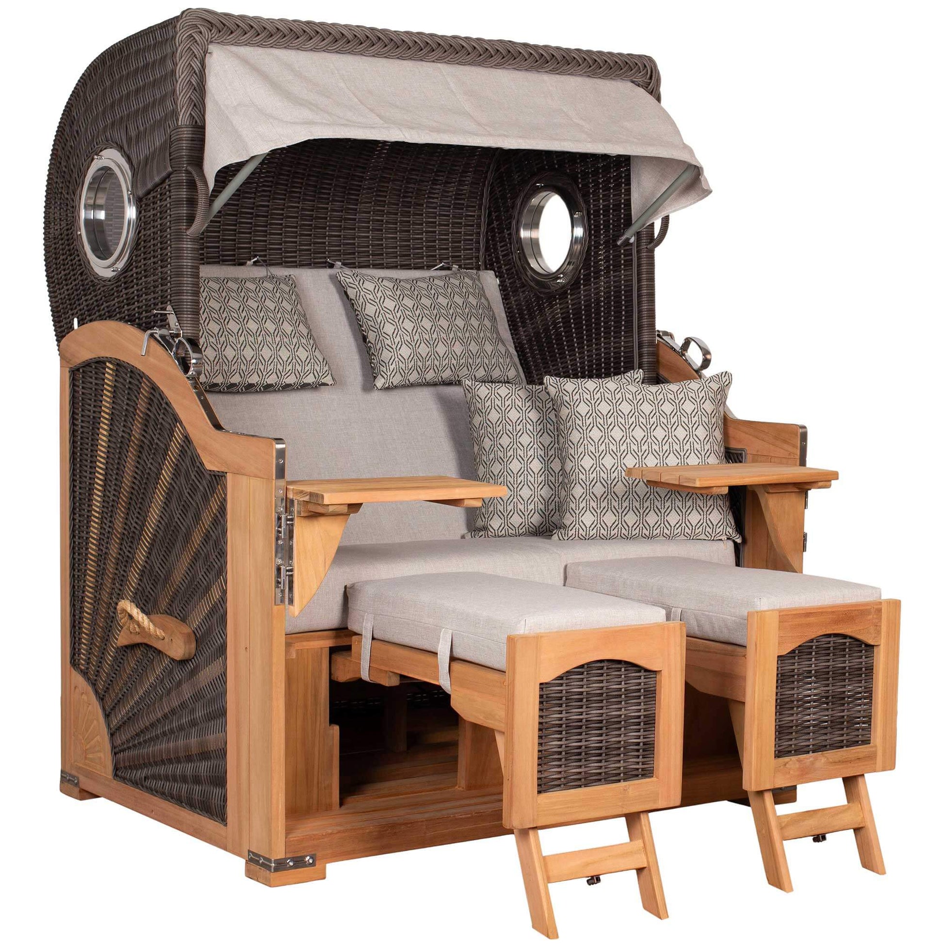 Strandkorb deVries PURE Seemöwe Teak PE stone grey mit Bullaugen und Fußstützen in Größe XXL seitliche Ansicht