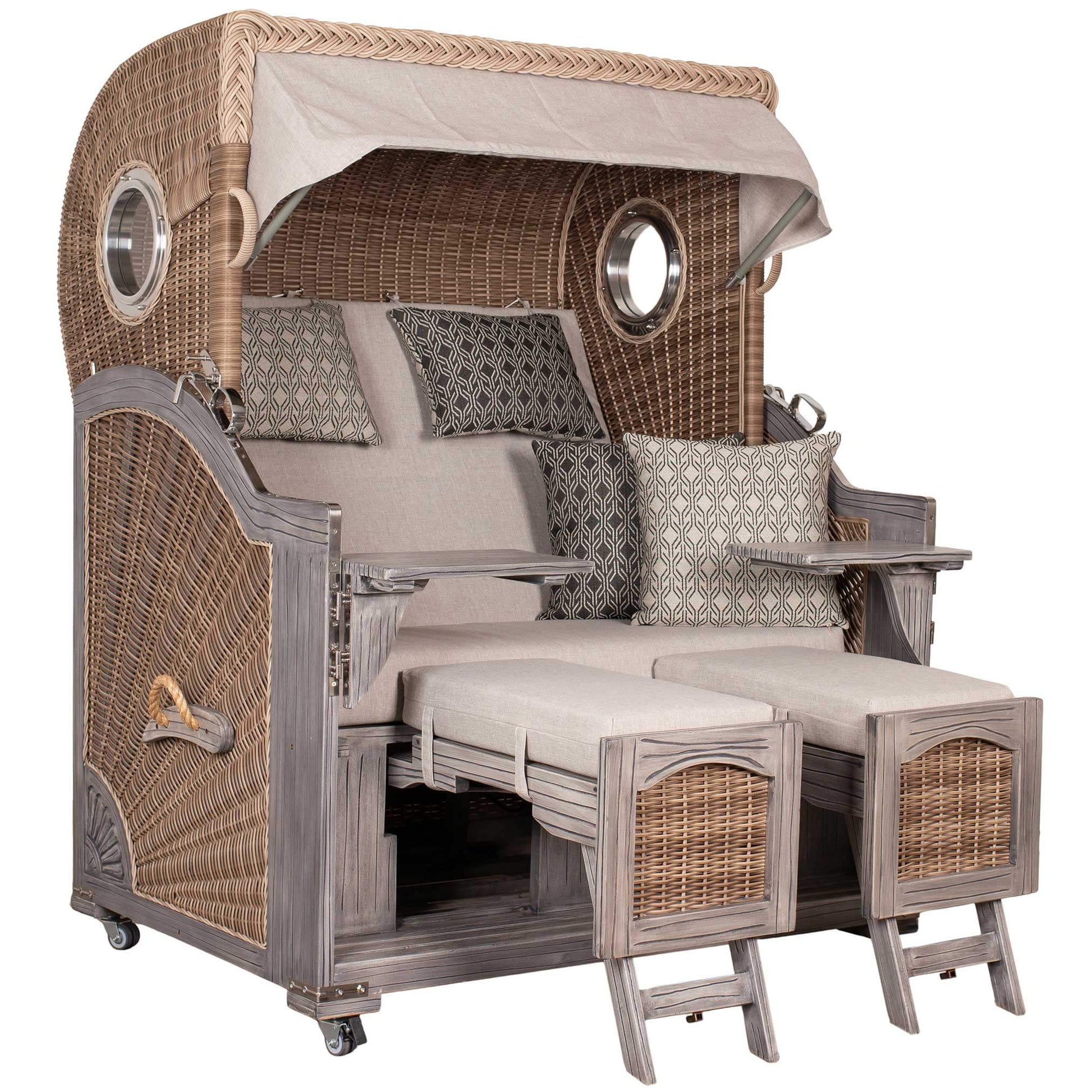 Strandkorb deVries PURE Seemöwe Vintage PE white kubu mit Bullaugen und Fußstützen, Modell Dessin 507 in Größe XXL
