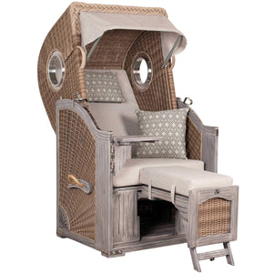 Strandkorb deVries PURE Seemöwe Vintage PE white kubu mit Bullaugen und Fußstütze in Dessin 507, Modellgrößen S XL XXL