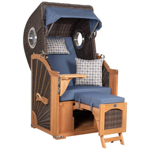 Strandkorb deVries PURE Seemöwe Teak PE stone grey mit Bullaugen und blauen Polstern, Modell Dessin 509, Größe S XL oder XXL