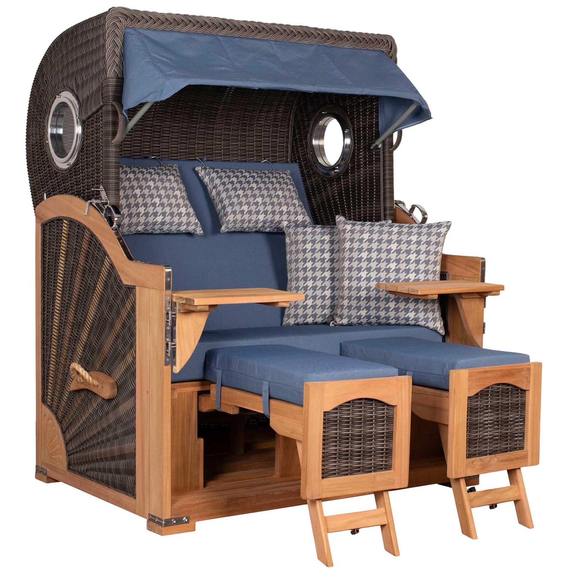 Strandkorb deVries PURE Seemöwe Teak PE stone grey Dessin 509 mit Bullaugen und verstellbaren Fußteilen in Größe XL
