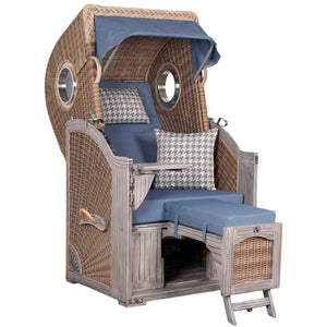 Strandkorb deVries PURE Seemöwe Vintage PE white kubu mit Bullaugen und blauen Polstern, verstellbar mit Fußstützen, Größe wählbar