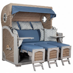 Strandkorb deVries PURE Seemöwe Vintage PE white kubu in Dessin 509 mit Bullaugen und Fußstützen, erhältlich in S, XL und XXL