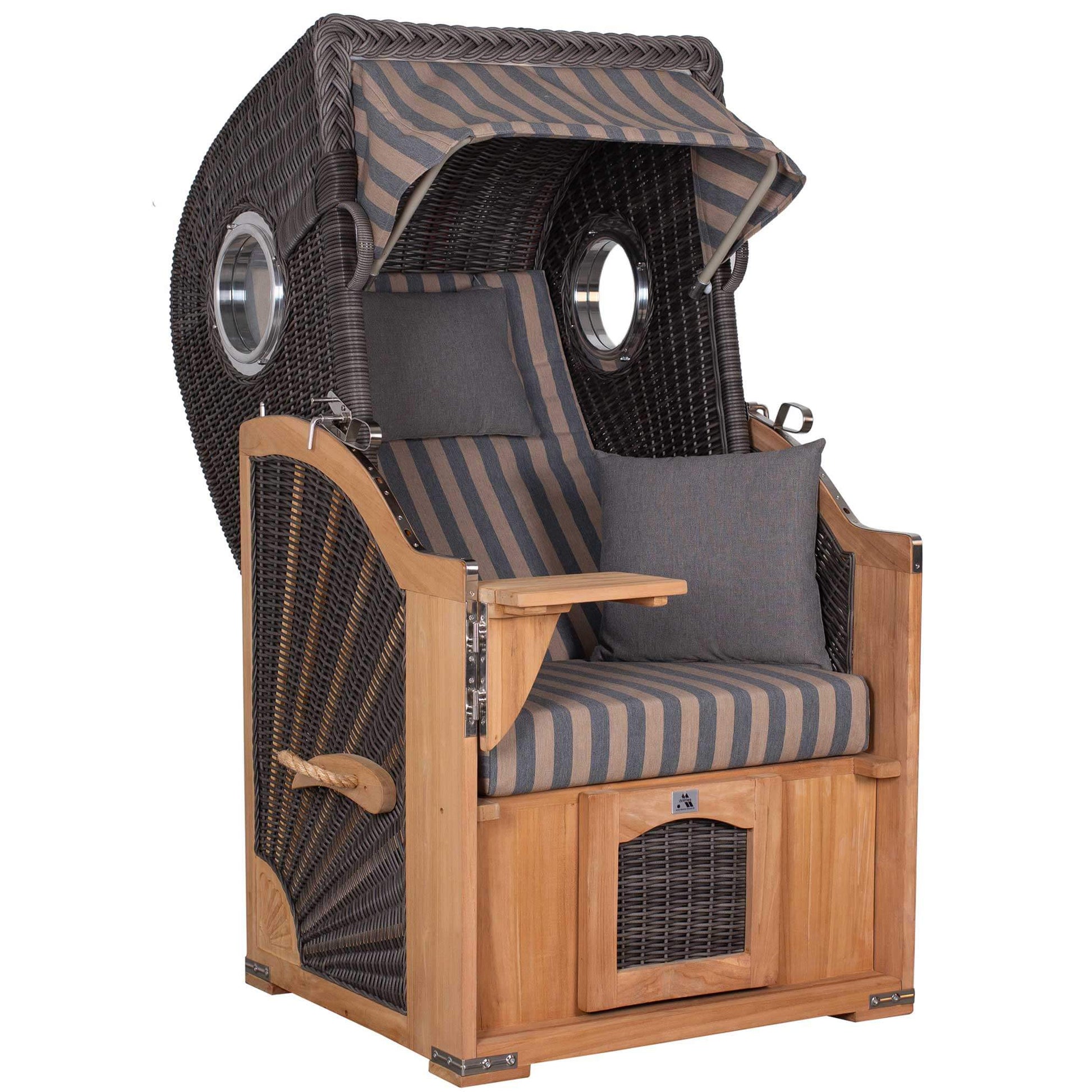 Strandkorb deVries PURE Seemöwe Teak PE stone grey Dessin 248 mit Bullaugen, PE-Geflecht white kubu, Größe wählbar S XL XXL