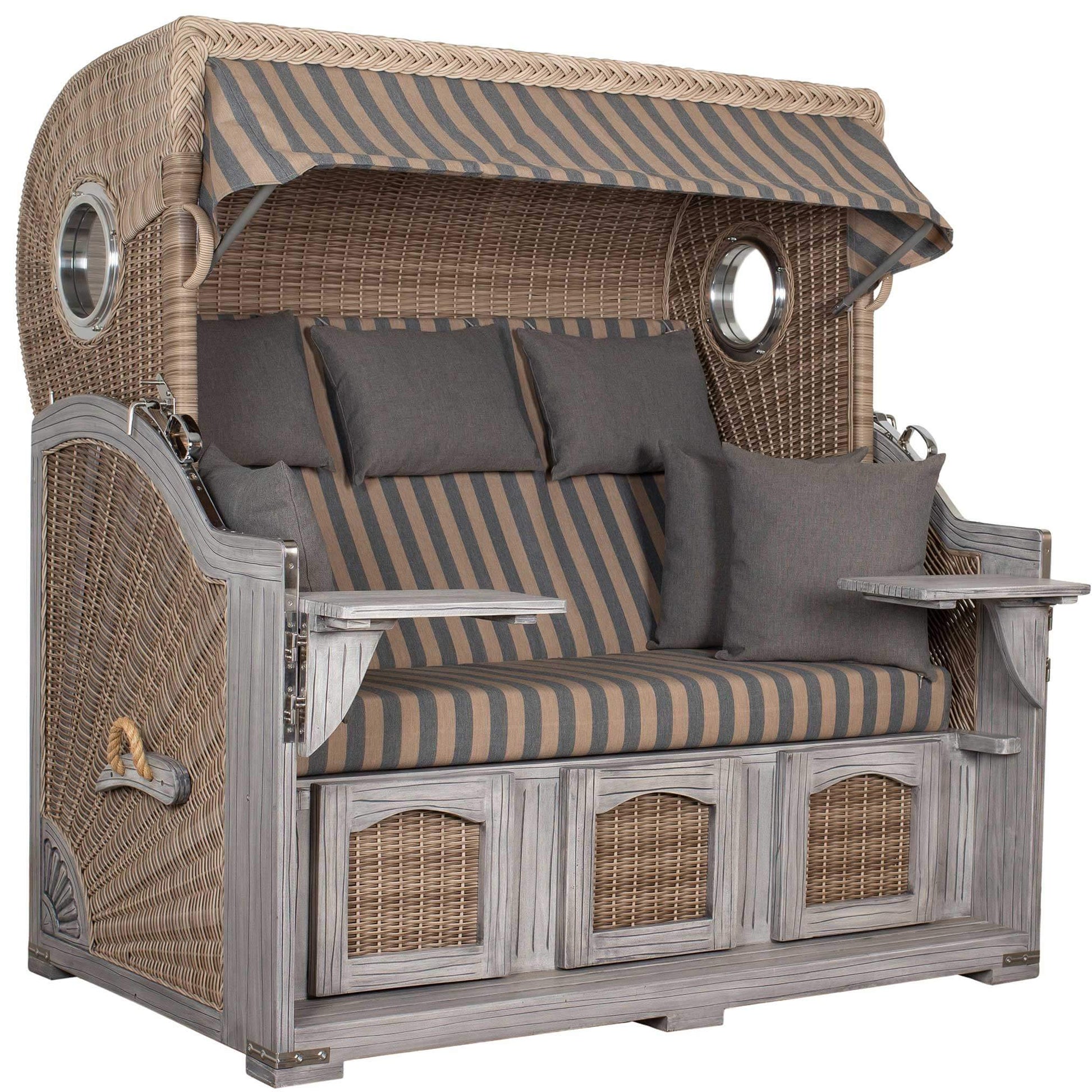 Strandkorb deVries PURE Seemöwe Vintage PE white kubu mit Bullaugen, Mahagoniholz grey washed im Dessin 248, Größe frei wählbar