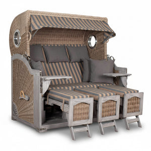 Strandkorb deVries PURE Seemöwe Vintage PE white kubu mit Bullaugen, verstellbaren Fußstützen und Polstern im Dessin 248