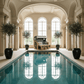Strandkorb deVries PURE Seemöwe Teak PE stone grey 3-Sitzer am eleganten Indoor-Pool mit hohen Rundbogenfenstern