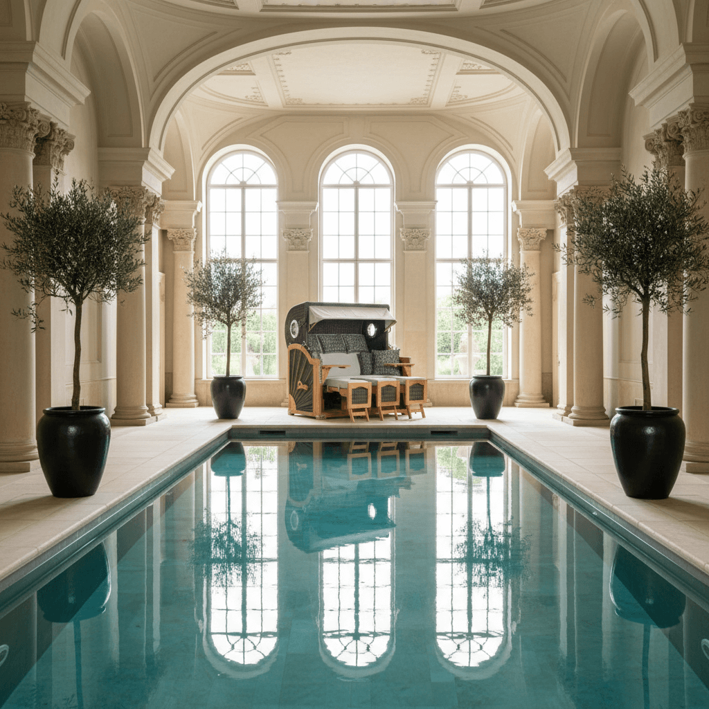 Strandkorb deVries PURE Seemöwe Teak PE stone grey 3-Sitzer am eleganten Indoor-Pool mit hohen Rundbogenfenstern