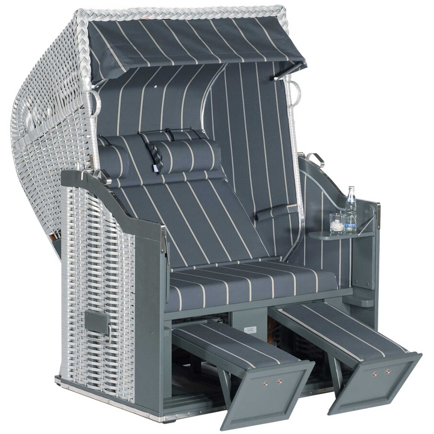 Strandkorb Sonnenpartner Modell Classic mit silbernem Geflecht, grauem Holz und anthrazitfarbenem Dessin 46.