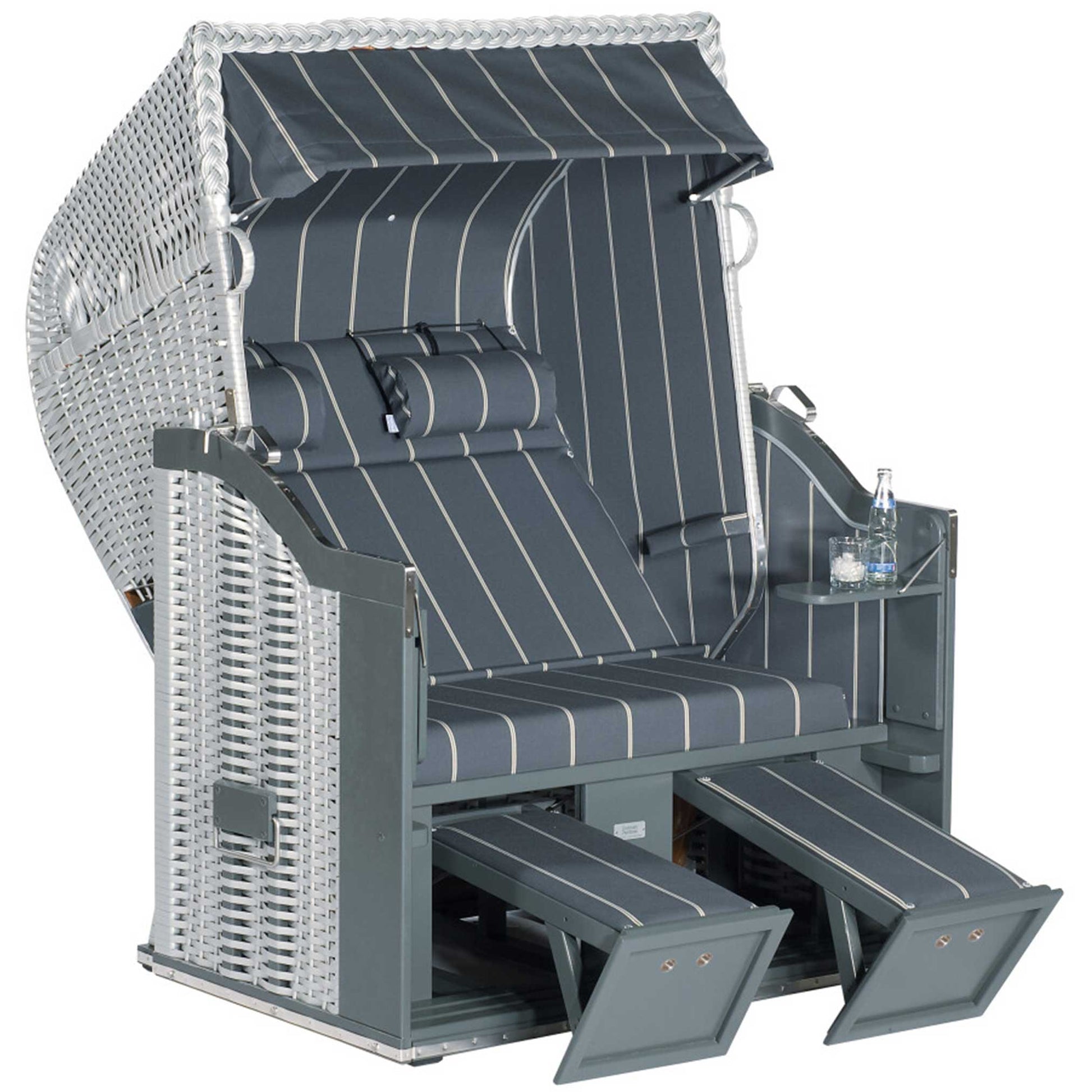Strandkorb Sonnenpartner Modell Classic mit silbernem Geflecht, grauem Holz und anthrazitfarbenem Dessin 46.