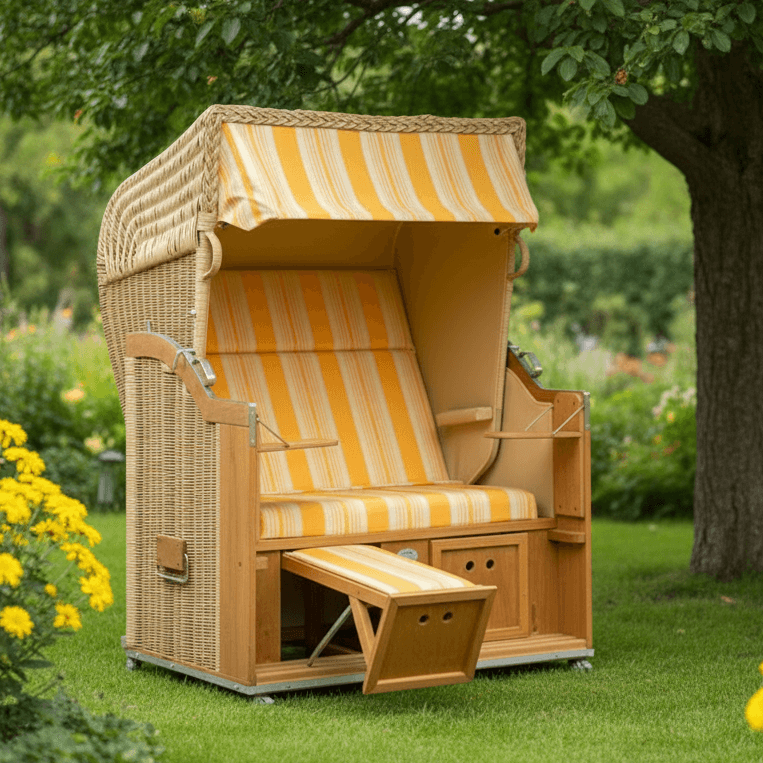 Strandkorb Sonnenpartner Modell Classic PE Rundgeflecht Naturoptik gelb gestreift im Garten unter Baum, Holz lasiert mit Fußstütze