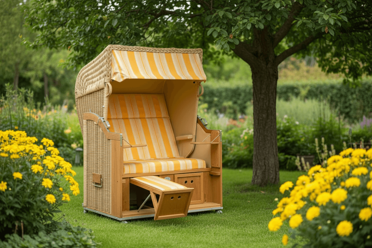 Strandkorb Sonnenpartner Modell Classic PE Rundgeflecht Naturoptik gelb gestreift im blühenden Garten unter Baum