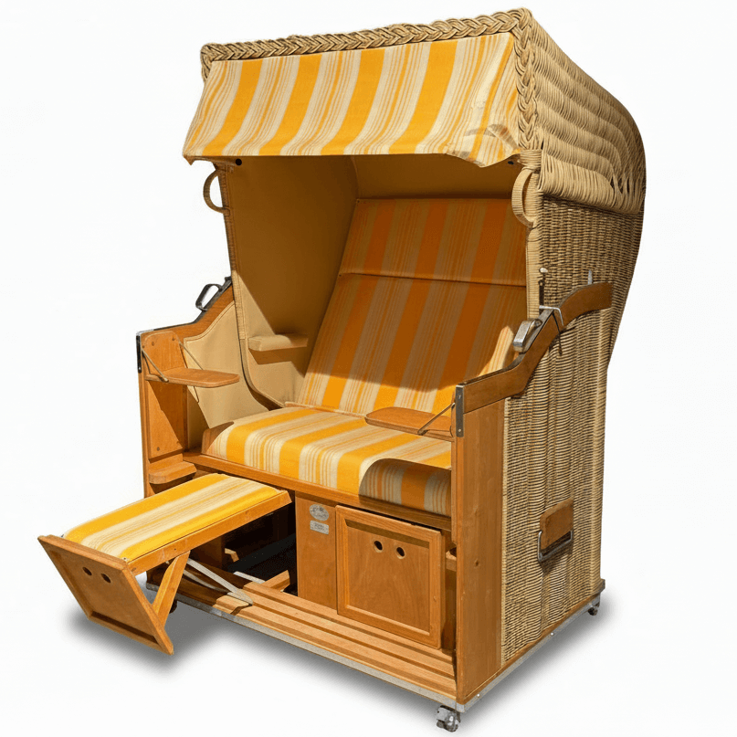 Strandkorb Sonnenpartner Modell Classic PE Rundgeflecht Naturoptik mit gelb gestreiftem Dessin, Holz lasiert, Komfort-Fußstützen