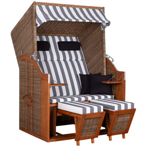 Strandkorb Trendy PURE Standard PE griseum Dessin 502 mit Fußstützen und grau-weißen Streifenpolstern