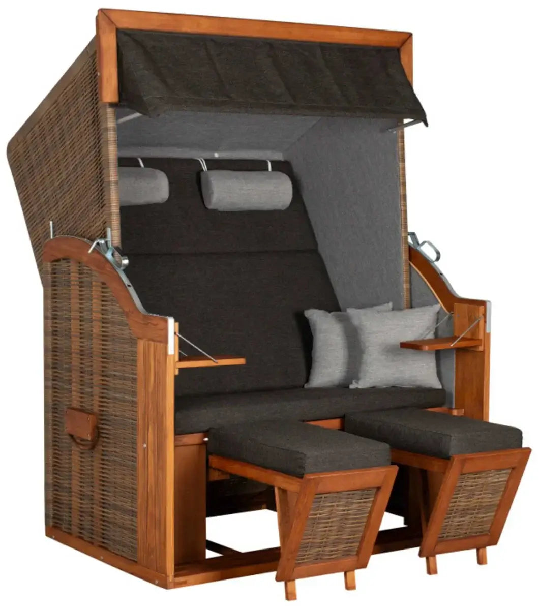 Strandkorb Tinnum Pinie PE griseum Dessin 572 anthrazit grau mit Polster und Klapptischen