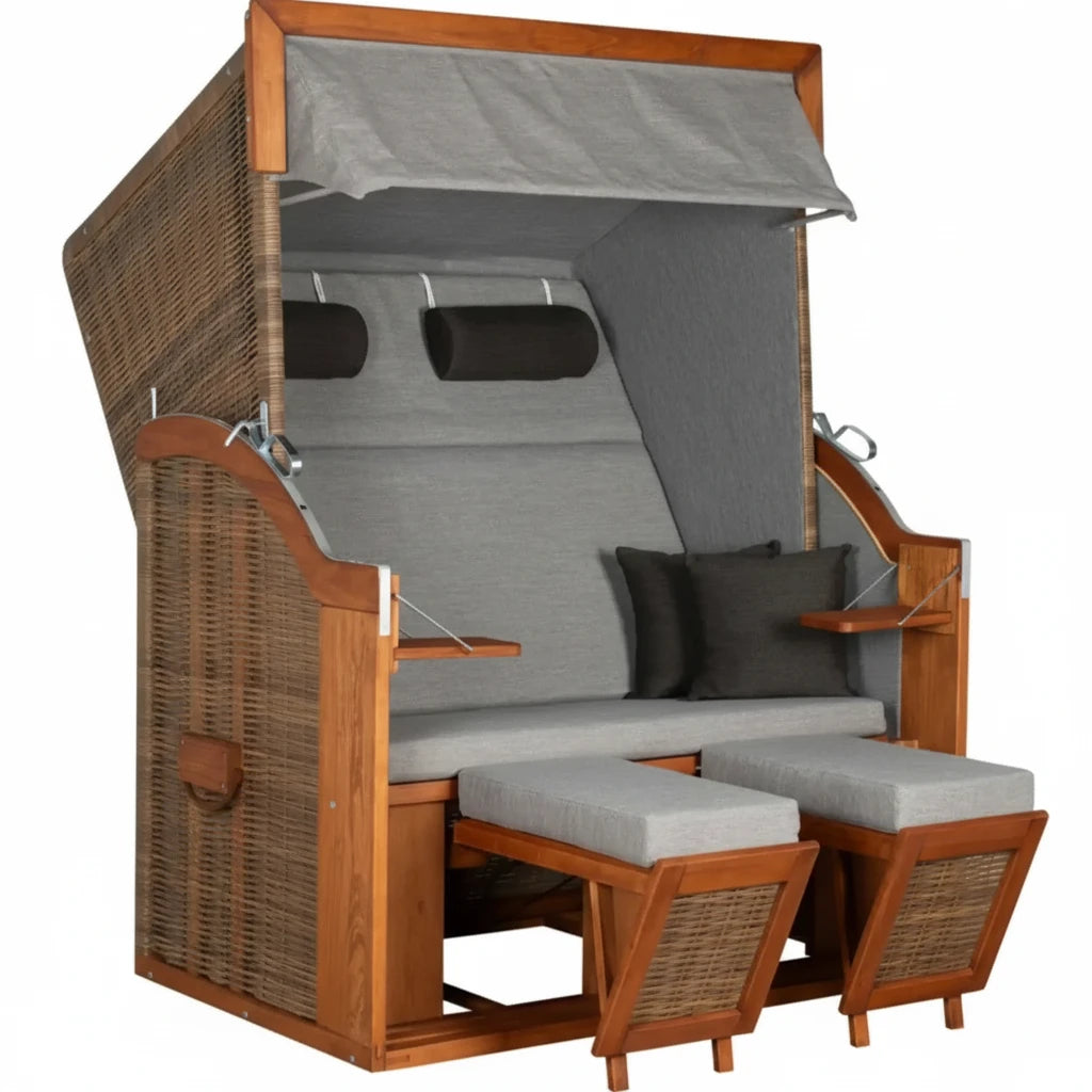 Strandkorb Tinnum Pinie PE griseum Dessin 573 grau anthrazit mit bequemen Polstern und Klapptischen