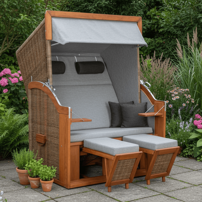 Strandkorb Tinnum aus Pinienholz in Grau mit Volllieger, zwei Fußstützen und Klapptischen im Garten