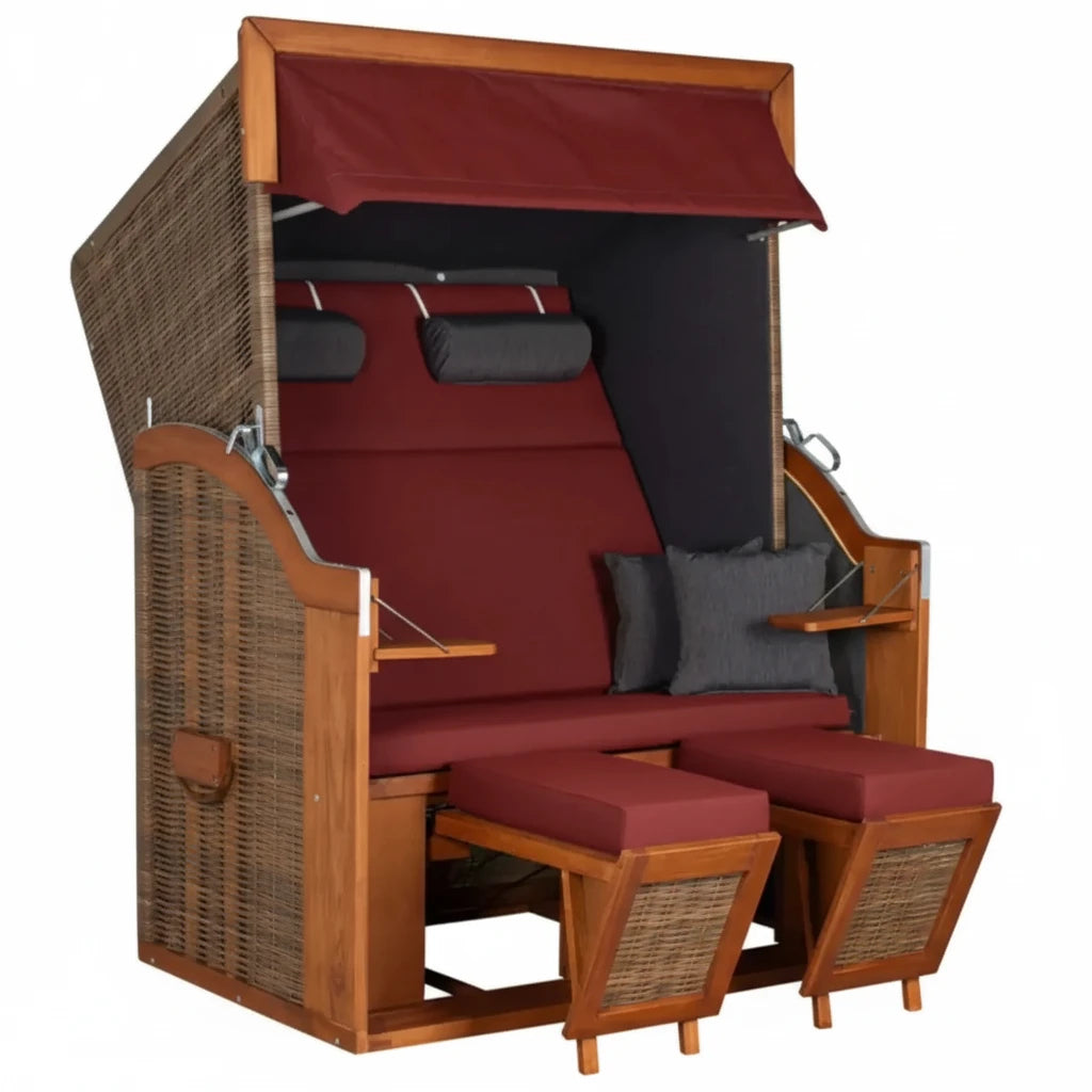 Strandkorb Tinnum Pinie PE griseum Dessin 575 anthrazit bordeaux mit Volllieger, Klapptischen und ausziehbaren Fußstützen